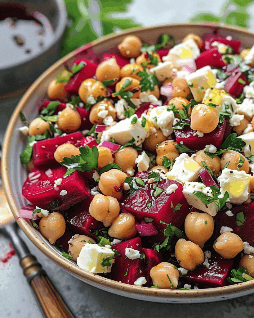Chickpea, Beet & Feta Salad with Lemon-Garlic Vinaigrette