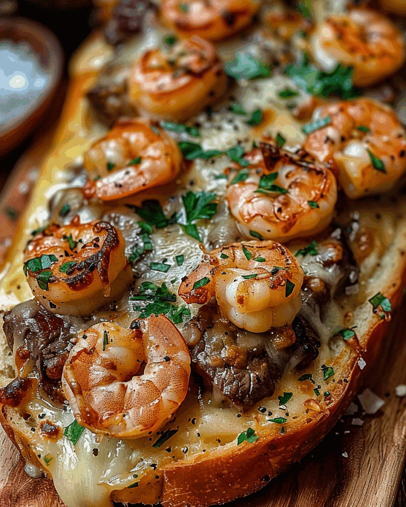 Loaded Steak & Shrimp Cheesy Garlic Bread