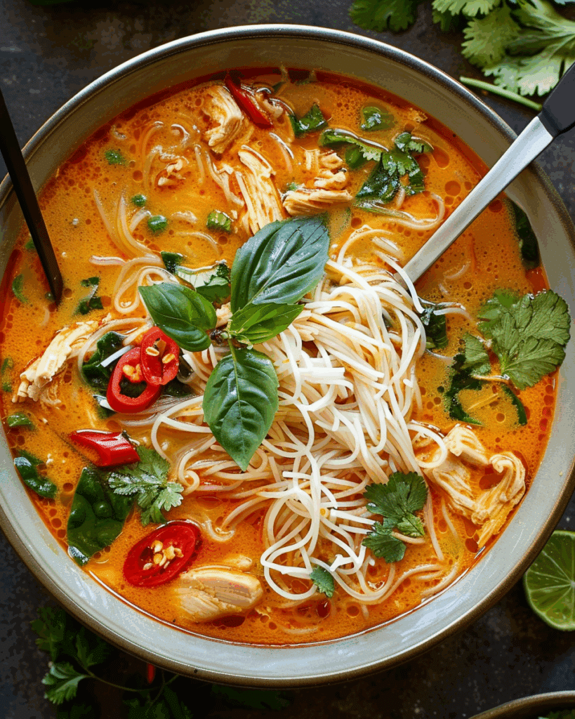 Spicy Thai Red Curry Chicken Soup with Rice Noodles