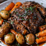 Tender Braised Pot Roast with Honey-Glazed Baby Potatoes and Carrots