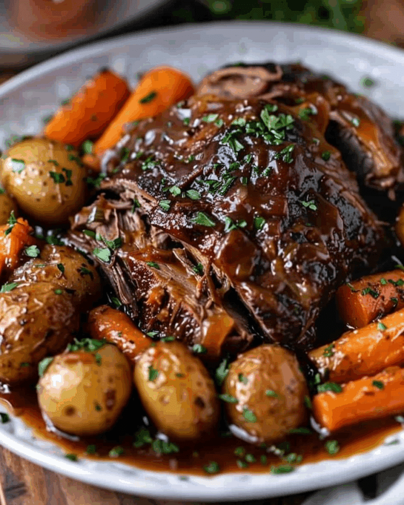 Tender Braised Pot Roast with Honey-Glazed Baby Potatoes and Carrots