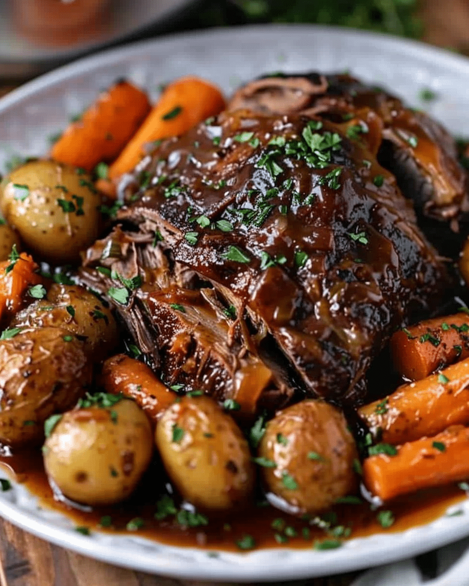 Tender Braised Pot Roast with Honey-Glazed Baby Potatoes and Carrots