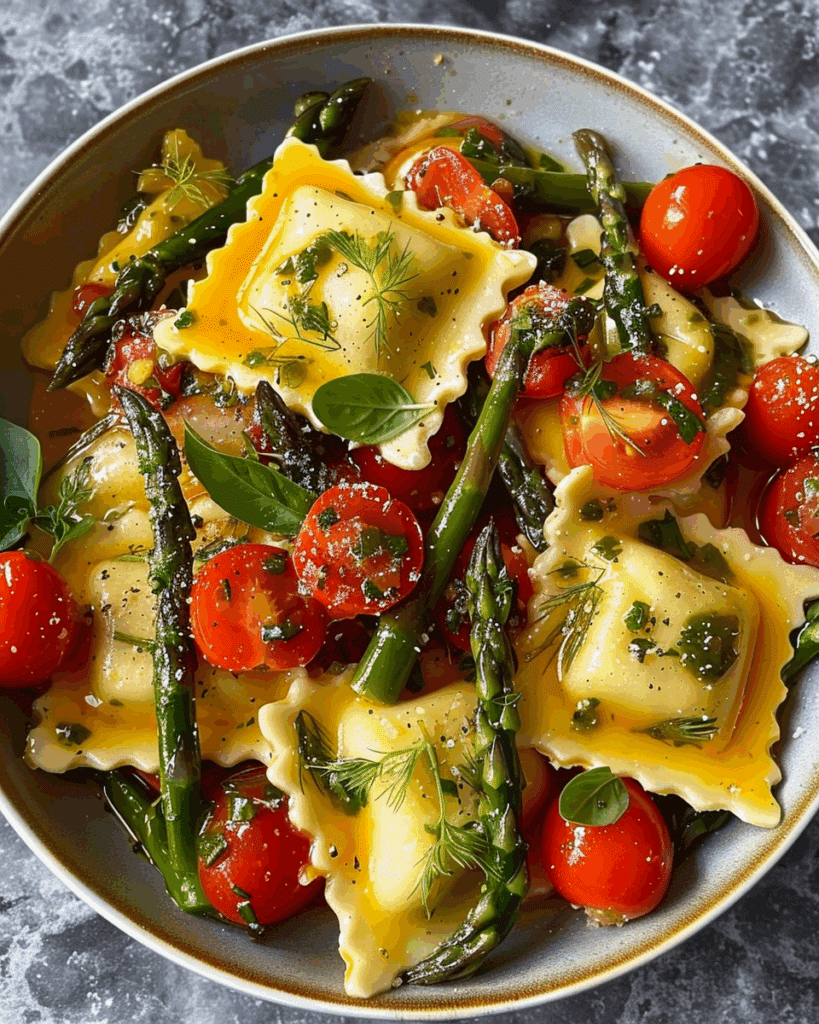 Ravioli with Tomatoes, Asparagus, Garlic, and Herbs