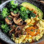 Scrambled Eggs with Sautéed Mushrooms, Broccoli & Avocado