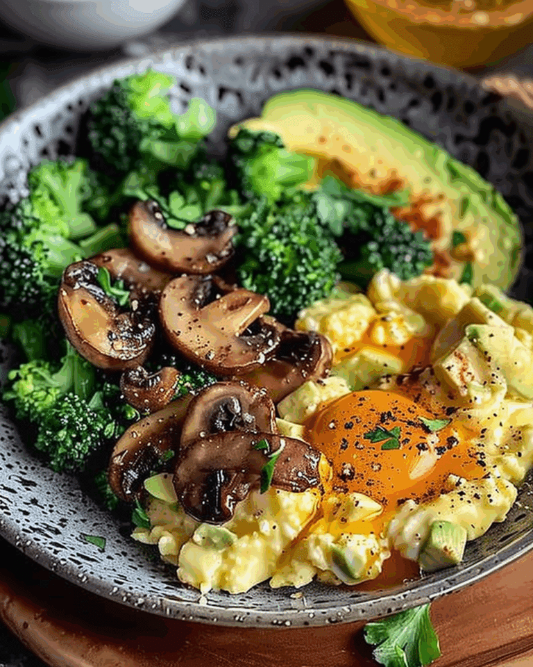 Scrambled Eggs with Sautéed Mushrooms, Broccoli & Avocado