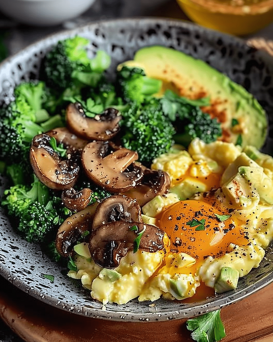 Scrambled Eggs with Sautéed Mushrooms, Broccoli & Avocado