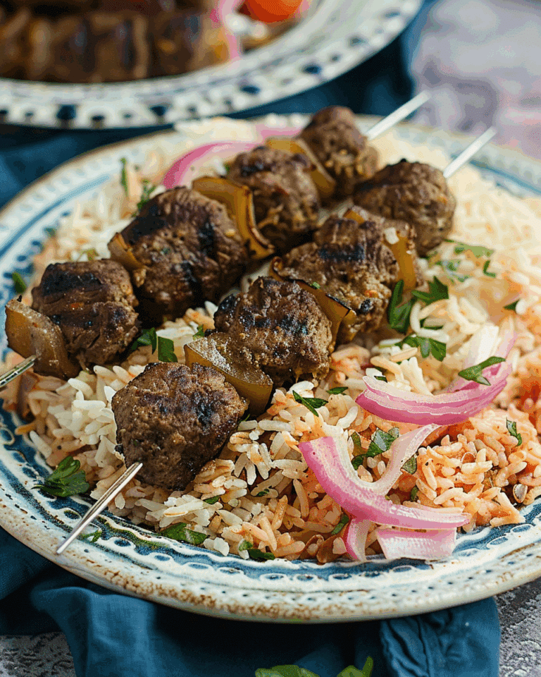 Spicy Ground Beef Kebabs with Rice Pilaf