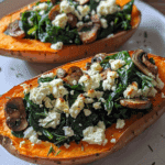 Stuffed Sweet Potatoes with Spinach, Mushroom, Feta, and Rosemary