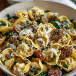 Creamy Garlic Butter Beef Tortellini with Italian Sausage & Spinach