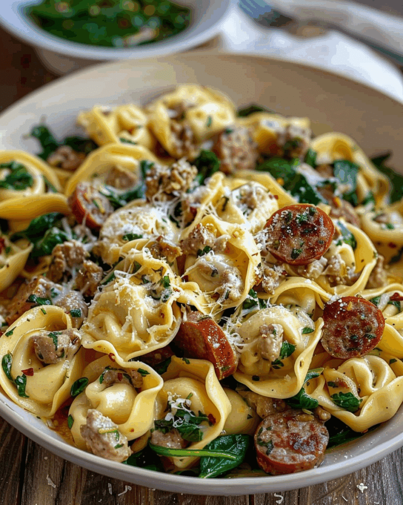 Creamy Garlic Butter Beef Tortellini with Italian Sausage & Spinach