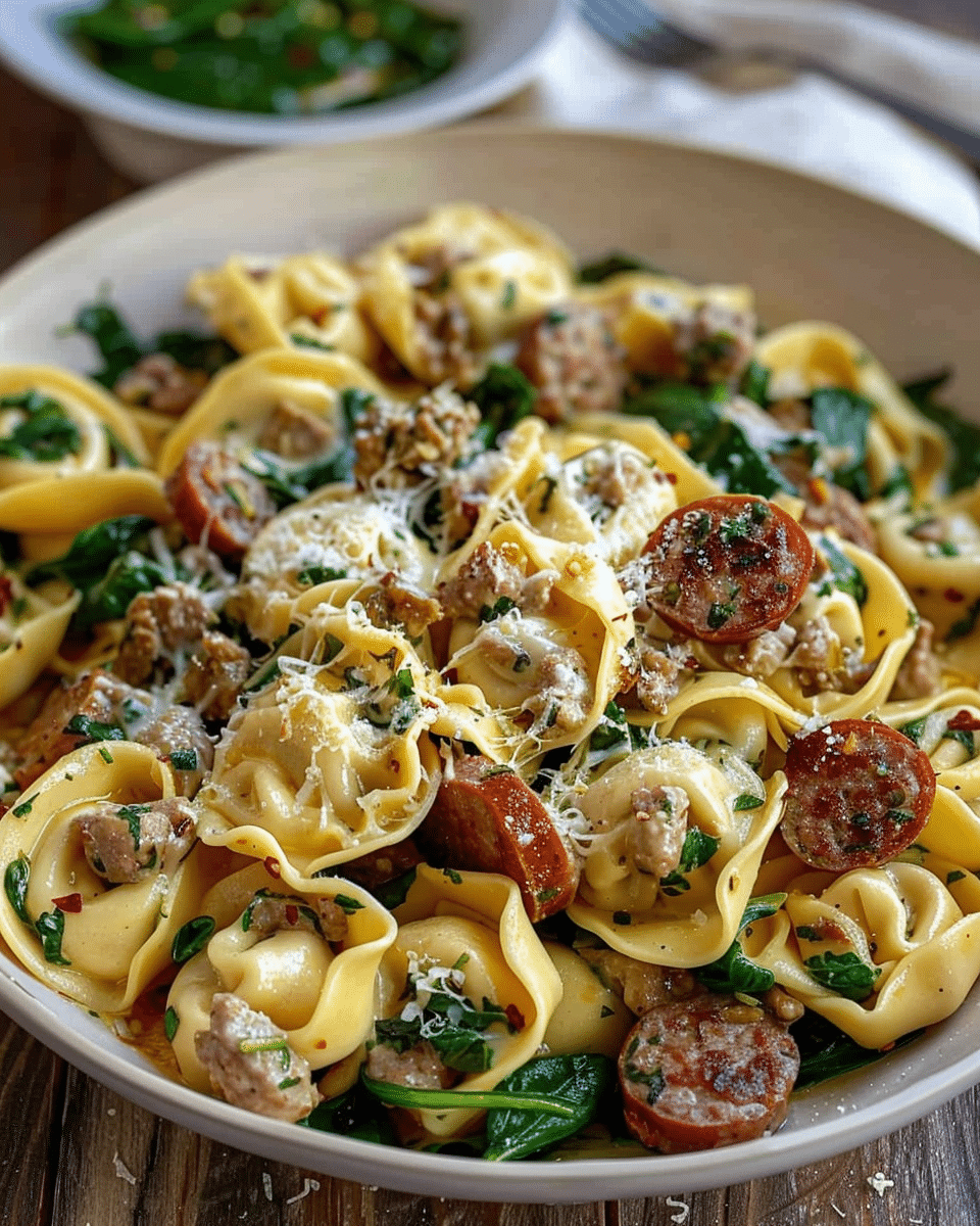 Creamy Garlic Butter Beef Tortellini with Italian Sausage & Spinach