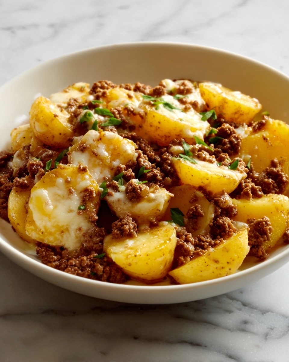 A white bowl filled with a dish composed of several layers: at the bottom, there are small yellow potato chunks with a smooth texture, topped with a layer of browned ground meat spread evenly across the potatoes, sprinkled with finely chopped green herbs, and finished with melted yellow cheese that looks soft and shiny, melting into the meat and potatoes. The white marbled surface is visible in the background. Photo taken with an iphone --ar 4:5 --v 7