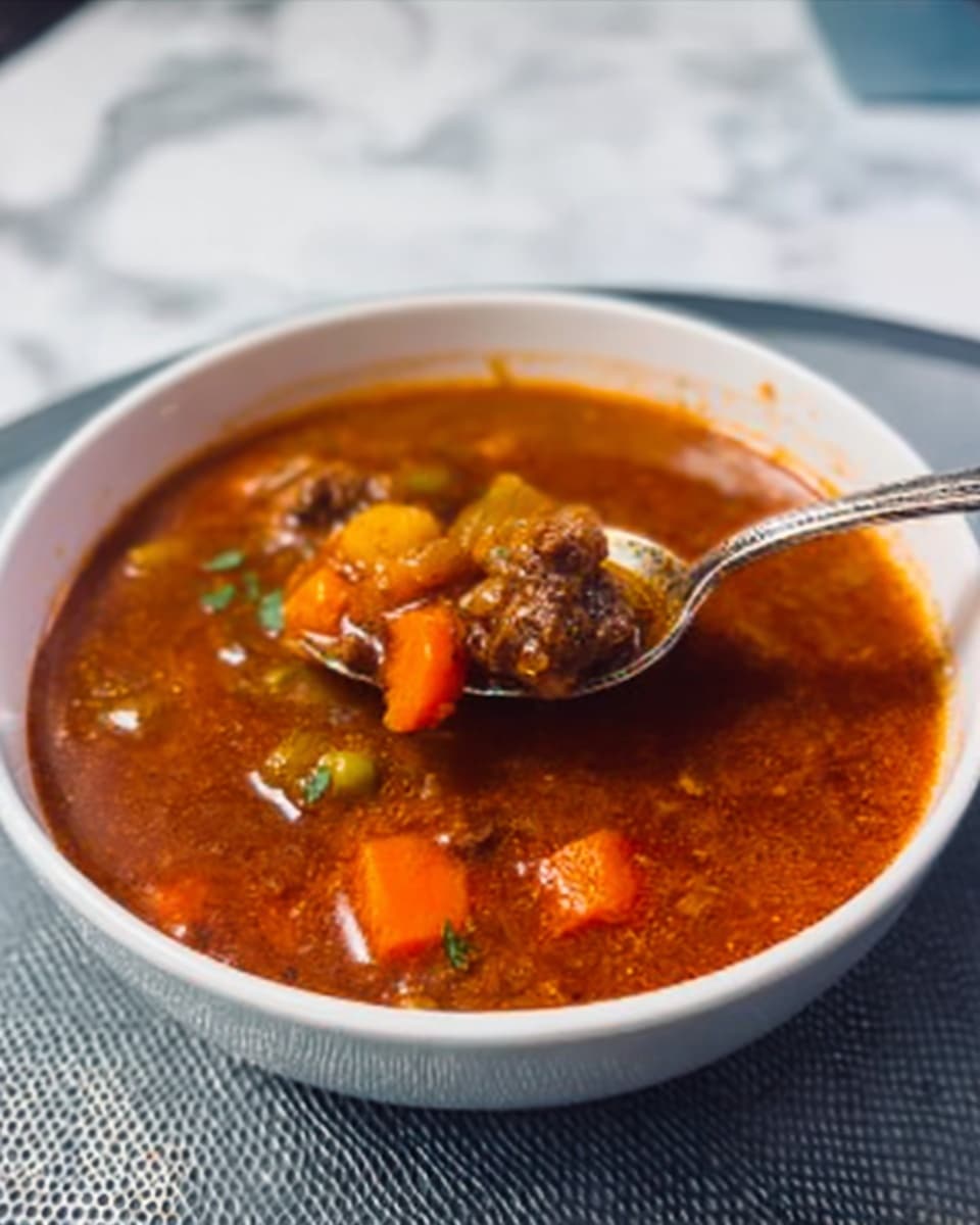 The image shows a white bowl filled with rich, brown stew with visible chunks of orange carrots, yellow potatoes, and brown meat pieces. A spoon lifts a scoop of the stew, showing the thick texture and all the ingredients mixed together. The bowl rests on a surface with a white marbled texture and the whole scene looks warm and inviting. Photo taken with an iphone --ar 4:5 --v 7
