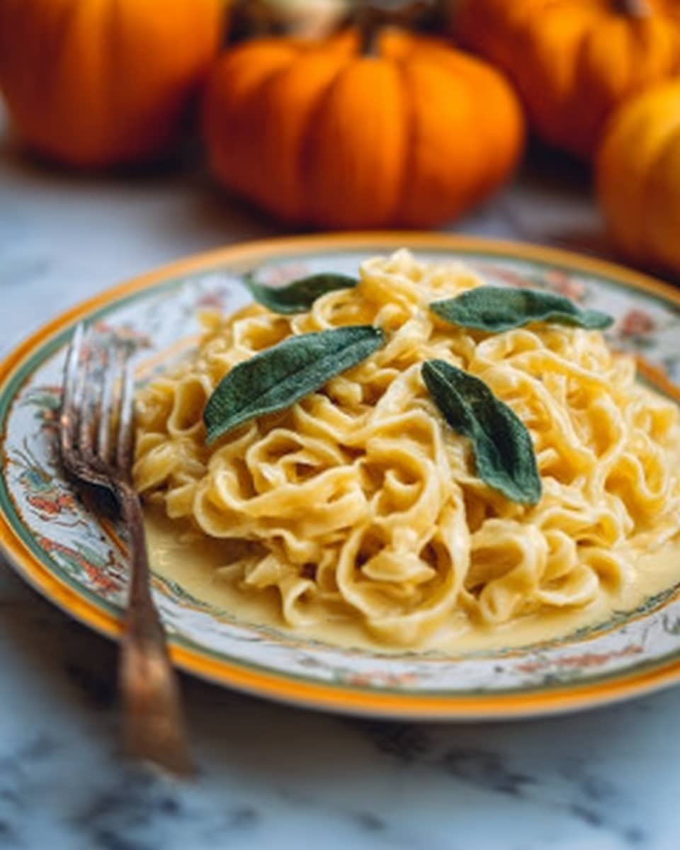 A colorful white plate holds three layers of food. The bottom layer is a creamy, smooth sauce of beige-yellow color evenly spread on the plate. On top of that lies a generous amount of twisted, pale yellow pasta noodles with a soft texture. The top layer has green leaves placed neatly in the center of the pasta, adding a fresh look. A fork rests on the left side of the plate, partially on the food. The background shows a white marbled surface, with out-of-focus warm orange pumpkins in the back, giving an autumn feel. Photo taken with an iphone --ar 4:5 --v 7