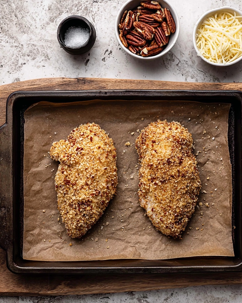 Two pieces of breaded chicken are on a sheet of brown parchment paper inside a black baking tray. The chicken pieces are fully covered with a crunchy, light brown coating made from crushed nuts and spices. The baking tray is set on a white marbled surface. To the top right, there are two small white bowls, one filled with light shredded cheese and the other with brown pecans. A small black container with salt is on the top left edge. Photo taken with an iphone --ar 4:5 --v 7