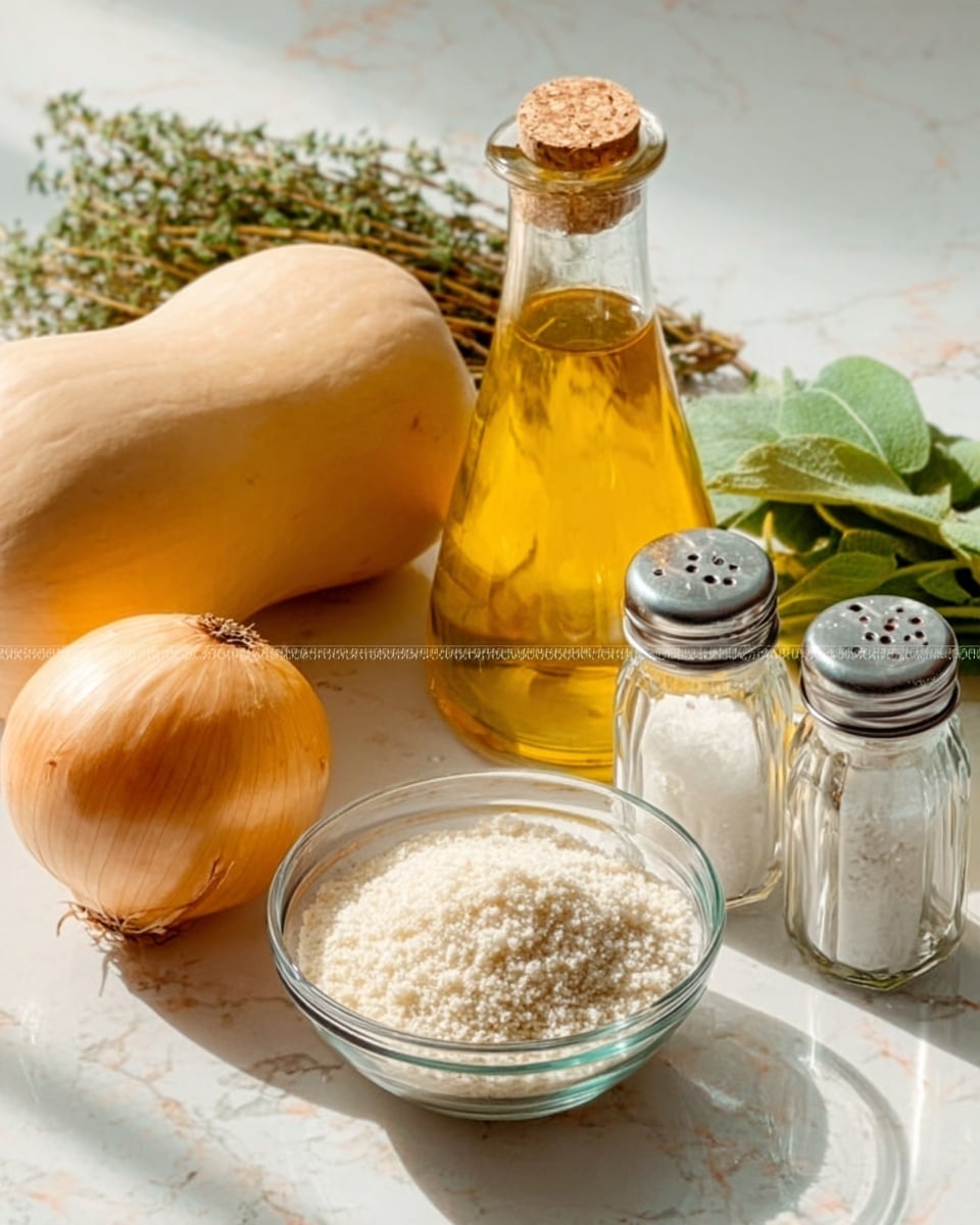 The image shows a close-up of several cooking ingredients arranged neatly on a white marbled surface. In the center, there is a small clear glass bowl filled with a light-colored powdery substance, likely flour or a similar ingredient. To its left, a medium-sized yellow onion rests, showing smooth, dry skin. Behind the bowl, a large, pale orange butternut squash is positioned, its round bottom facing outward. On the left side near the onion, there is a bunch of fresh green herbs with vibrant leaves. To the right of the bowl, two small, clear glass shakers with silver tops, probably salt and pepper, sit side by side. A glass bottle of golden yellow oil stands behind the shakers, adding height to the composition. The overall arrangement is simple and balanced, with soft natural light highlighting the textures and colors. Photo taken with an iphone --ar 4:5 --v 7