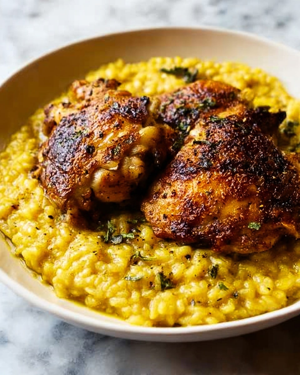 The image shows two pieces of golden brown roasted chicken placed on top of yellow risotto with a creamy texture. The risotto fills a white round bowl and looks soft with a slightly thick consistency. The chicken has a crispy skin with some herbs sprinkled on it, giving a rough texture and a rich brown color on the surface. The background shows a white marbled surface. photo taken with an iphone --ar 4:5 --v 7
