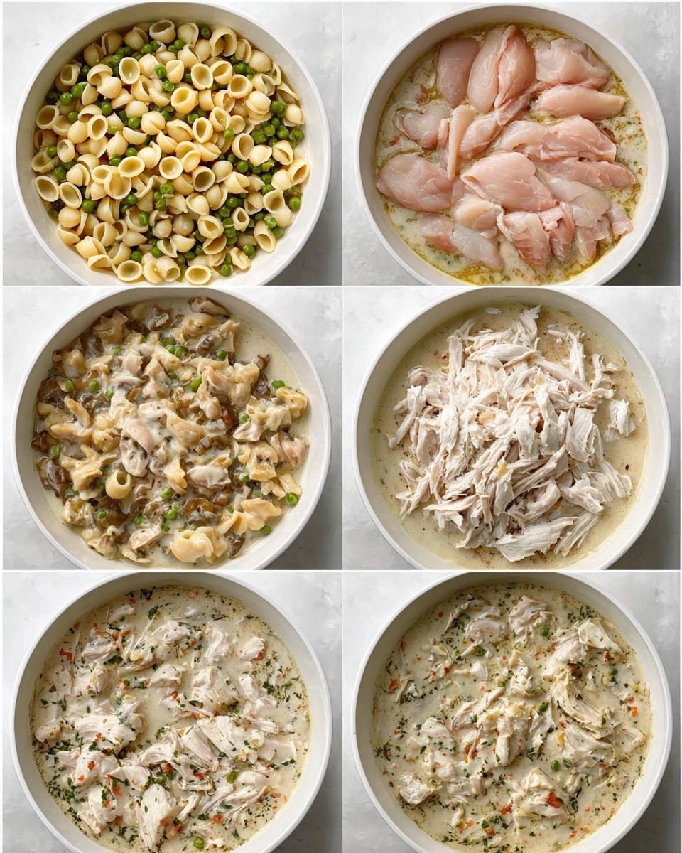 The dish in a white bowl has six layers shown step-by-step. The first layer is a mix of cooked pasta shells and small green peas with some herbs, filling the bowl. The second layer is the same as the first but looks more cooked and mixed. The third layer adds two pieces of raw pale pink chicken on top of the pasta. The fourth layer shows these chicken pieces shredded into thin white strips, spread over the pasta. The fifth layer adds a creamy white sauce over the shredded chicken, partially covering the pasta underneath. The last layer combines everything with the sauce and chicken fully mixed into the pasta, making a thick creamy dish with bits of green and the pasta shells visible. The photo is taken with an iphone --ar 4:5 --v 7
