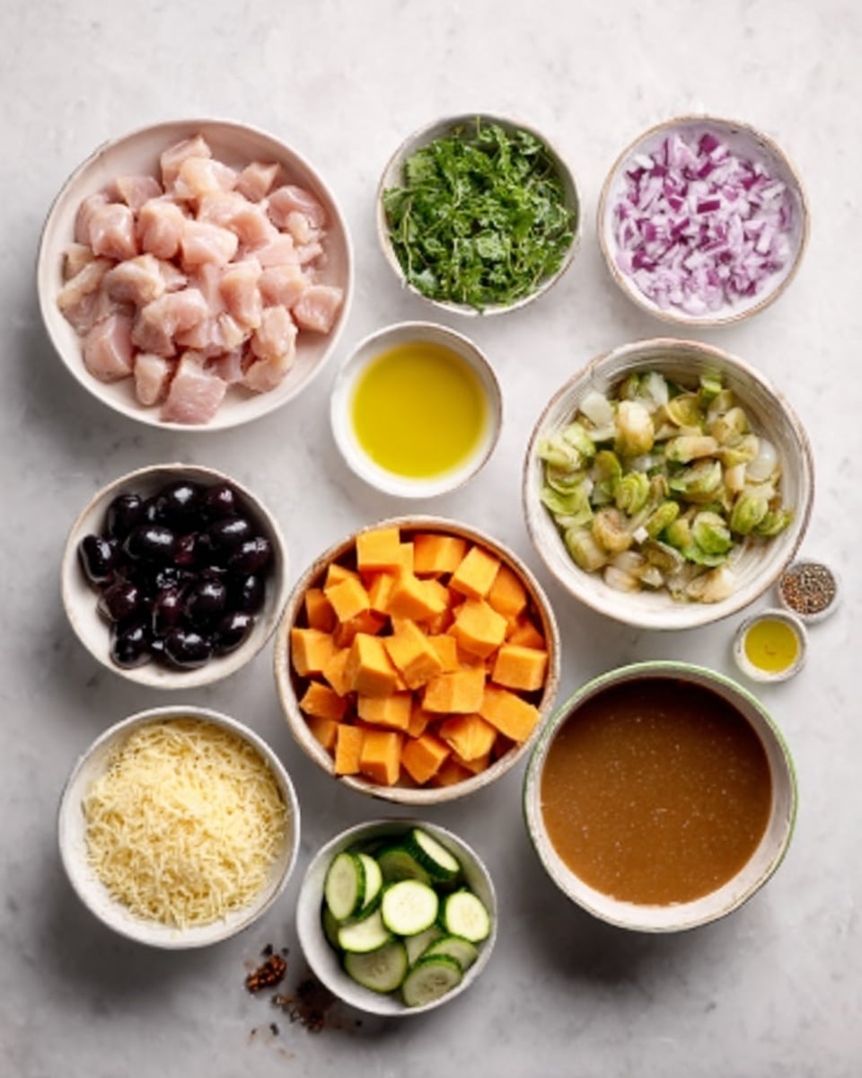There are ten white bowls and containers placed on a white marbled surface, each filled with different ingredients. Starting from the top left, one bowl contains raw cubed chicken pieces in a pale pink color. Next to it is a small bowl with golden yellow oil, and beside that is another bowl filled with fresh chopped green herbs. Towards the top right corner is a bowl holding finely chopped purple onions. Below these, a larger bowl is filled with bright orange cubed sweet potatoes. At the bottom left, a bowl holds shiny black olives. Next to it is a smaller bowl packed with grated pale yellow cheese. A larger bowl on the bottom right holds a thick brown sauce or broth. Also present are bowls with sliced green zucchini and a few small brown spice seeds. The bowls and containers are neatly arranged with clear textures and natural colors on the smooth white marbled surface. photo taken with an iphone --ar 4:5 --v 7