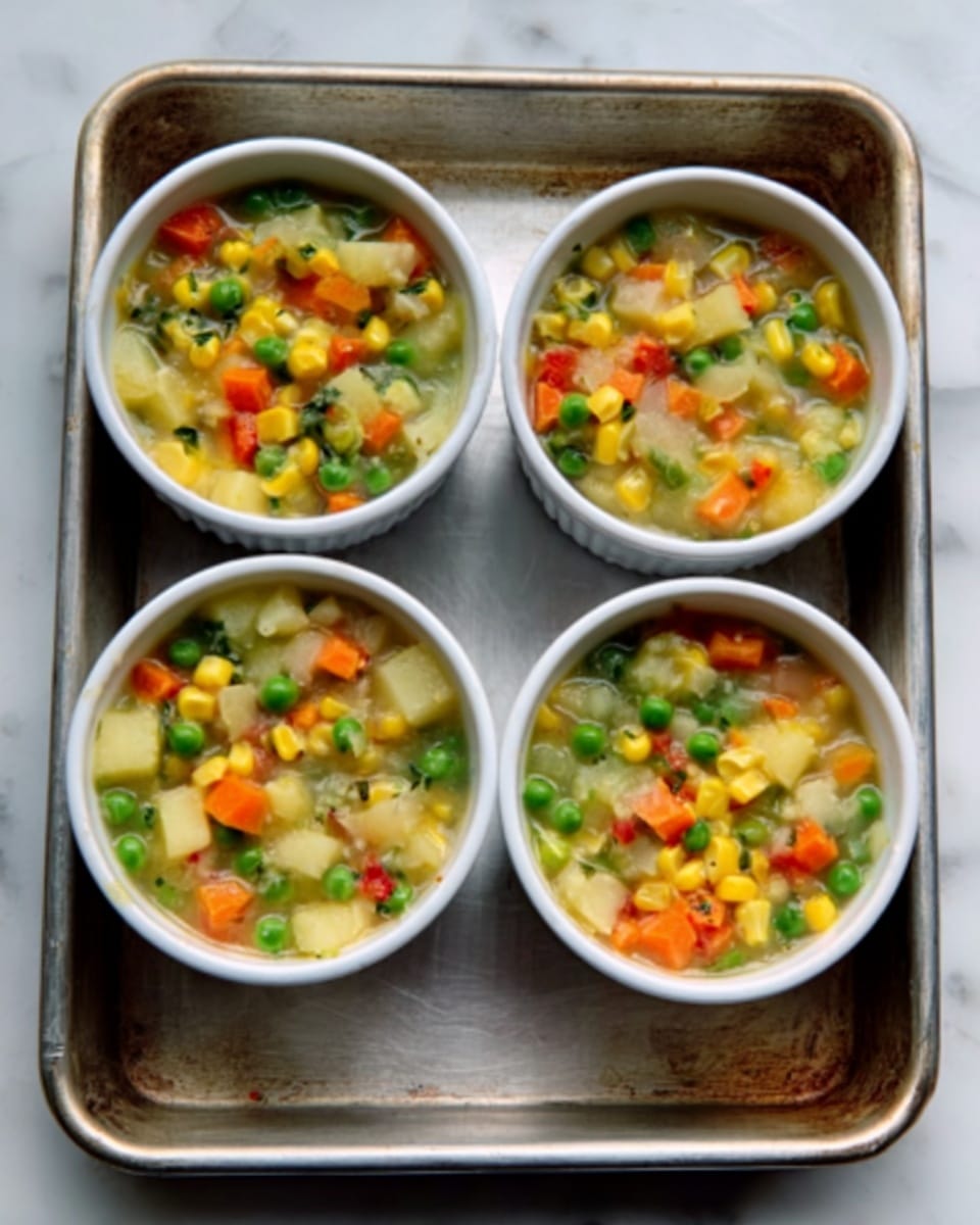 The image shows four small white bowls filled with a colorful vegetable soup. Each bowl contains a mix of diced yellow corn, orange carrots, green peas, and bits of potato in a light broth. The bowls are placed inside a metal tray, which rests on a white marbled texture surface. The soup looks fresh with visible small vegetable pieces evenly spread in each bowl. The photo is taken with an iphone --ar 4:5 --v 7