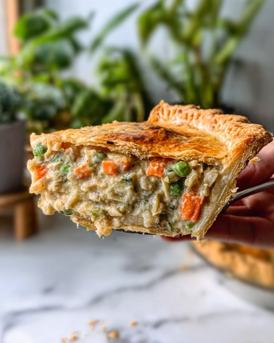 A slice of pie is held by a woman's hand above a white marbled surface with green plants blurred in the background. The pie has a thick golden-brown flaky crust on top with a shiny finish. Inside, there are several visible layers: small orange carrot pieces, green peas, and chunks of light beige filling that looks creamy and soft. The layers are mixed evenly and enclosed by the crust. The slice looks thick and well-filled with a slightly rough crust edge. Photo taken with an iphone --ar 4:5 --v 7