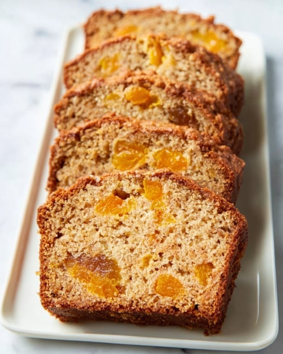 A loaf cake is shown sliced into thick pieces, each slice showing a soft, light brown inside with chunks of bright orange fruit evenly spread throughout the bread. The outside crust is a slightly darker brown, rough and crumbly in texture. The slices are neatly arranged on a white rectangular plate placed on a white marbled surface. The lighting is natural, highlighting the moist texture inside and the crumbly top. photo taken with an iphone --ar 4:5 --v 7