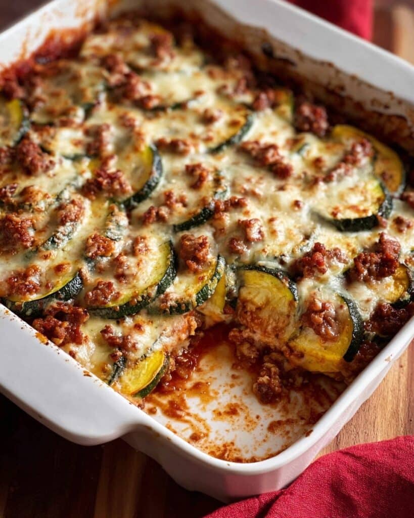 Meaty Zucchini Casserole with Ground Beef and Melty Cheese Recipe