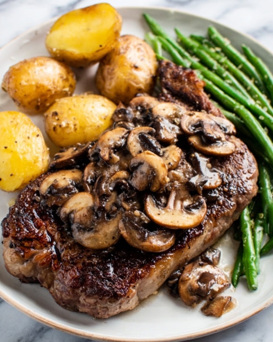 A cooked steak covered with a layer of sliced mushrooms on top, placed on a white plate. Around the steak, there are three yellow roasted potato halves and some green beans on the side. The steak looks juicy with a slightly charred texture, the mushrooms are brown and soft, and the potatoes have a crispy outside. The plate is set on a white marbled surface. photo taken with an iphone --ar 4:5 --v 7