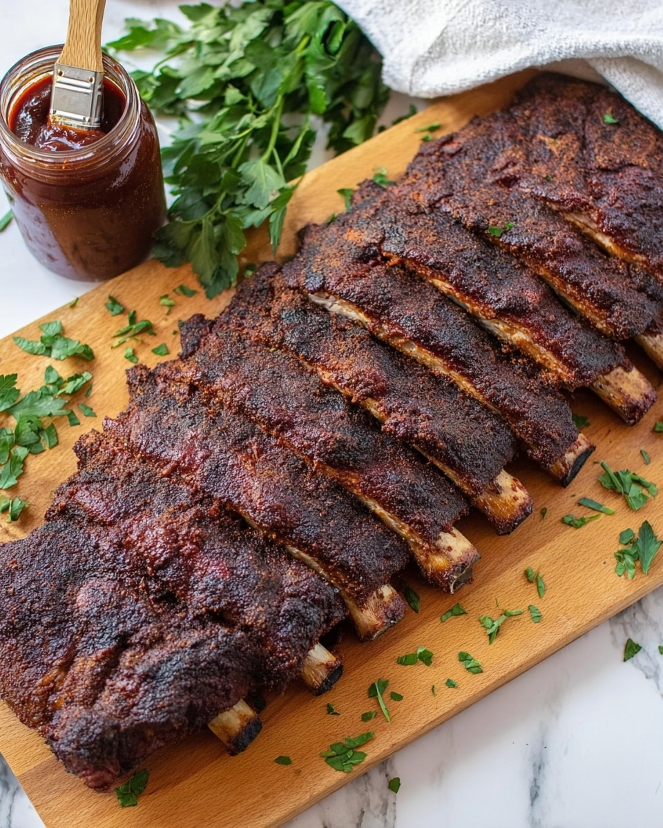 A wooden board holds a large rack of ribs with a dark, textured dry rub crust covering the thick meat, showing little fat but a crispy bark that looks crunchy. The ribs are lined up side by side with exposed clean bones at the bottom, and some bits of chopped green herbs scattered around them. At the top left corner of the board is a small glass jar filled with thick, glossy dark red barbecue sauce and an old wooden brush resting next to fresh green parsley leaves. The whole scene is set on a white marbled surface with a folded white cloth peeking from the top right corner. photo taken with an iphone --ar 4:5 --v 7