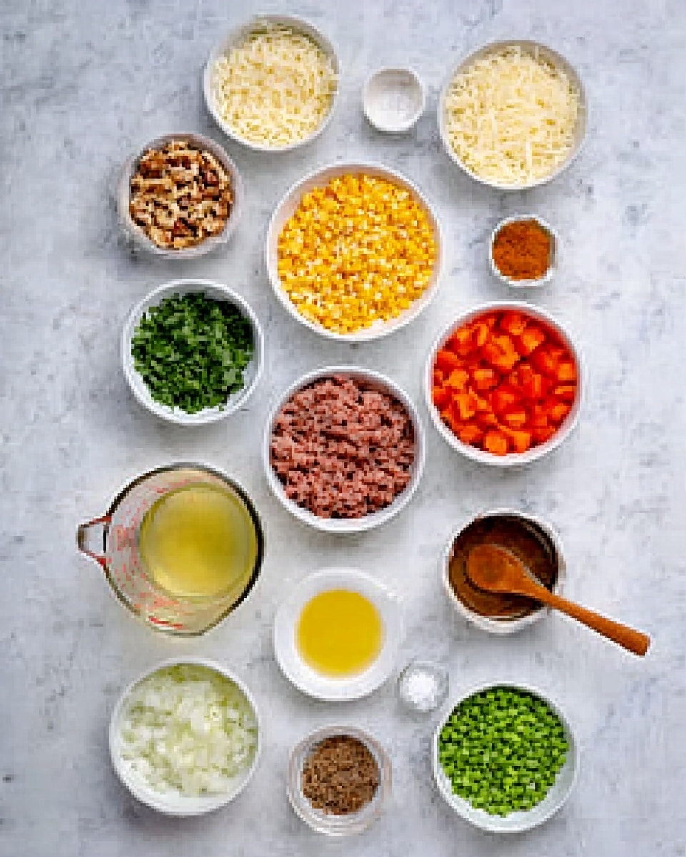 The image shows an overhead view of many small bowls and a measuring cup on a white marbled surface. There are 15 bowls in total, all white, each holding different ingredients. From top left to right are light brown chopped nuts, shredded white cheese, and a small bowl with a brown spice. Below them is a bowl of yellow corn, a glass measuring cup with light yellow liquid, and a white bowl filled with bright red tomato pieces. To the middle left is a bowl with chopped green herbs, in the center is a bowl of ground meat colored brown with some red, and to the right is a small bowl filled with a dark yellow sauce with a wooden spoon. Below the meat bowl is a small amount of yellow oil in a white bowl, and next to it is a bowl with chopped white onions. Further down on the left is a bowl with small chopped orange carrots, in the center a small bowl with a brown nutmeg or seed, and on the right a bowl filled with chopped green peas. The arrangement is neat and all bowls rest on the white marbled surface. photo taken with an iphone --ar 4:5 --v 7
