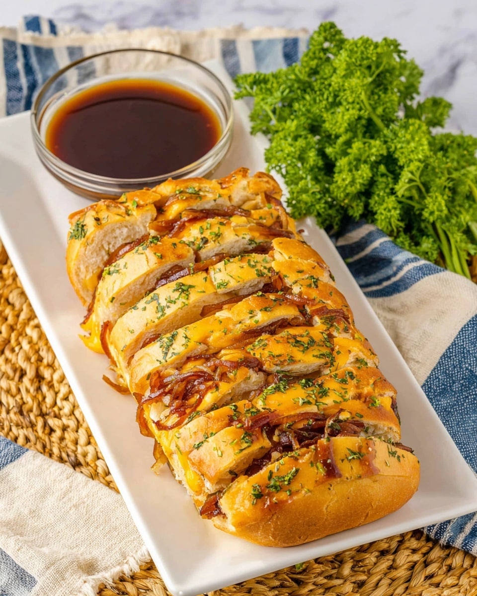 The image shows a white rectangular plate with a pull-apart bread on top. The bread has six layers, each with a golden-brown crust with green herbs sprinkled over it. Between each bread layer, there are slices of light brown meat and melted yellow cheese along with caramelized onion pieces, giving texture and color contrast. Above the top of the bread is a clear glass bowl filled with a dark brown sauce. To the right of the plate, there is a bunch of fresh green parsley. The plate sits on a cream cloth with a blue striped pattern and a woven straw placemat on a white marbled surface. Photo taken with an iphone --ar 4:5 --v 7
