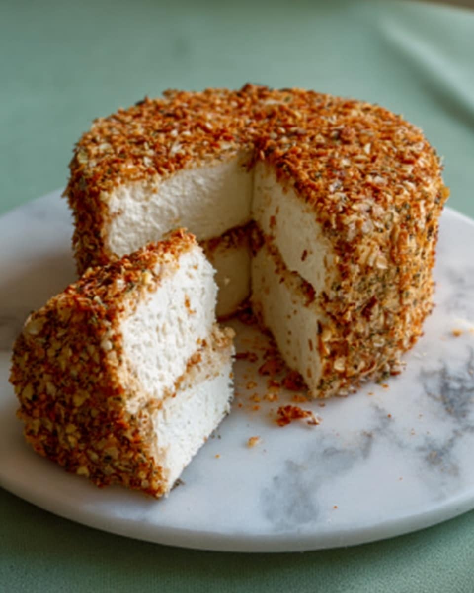 A round cheese wheel coated fully with a layer of mixed dried herbs and spices creating a textured, brownish-green outer crust. One wedge is sliced out revealing a creamy, pale yellow inside that looks soft and smooth. The cheese rests on a light wooden round board with natural grooves. The background shows a blurred white marbled surface. photo taken with an iphone --ar 4:5 --v 7