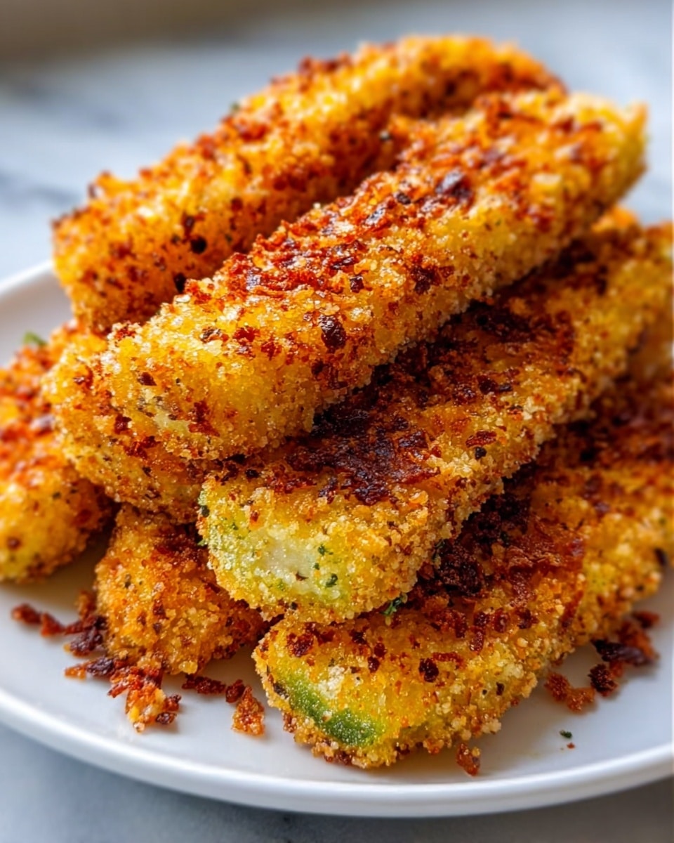 The image shows a white plate with six pieces of crispy fried food, each with a golden-brown, crunchy coating covered in small dark and orange specks. The pieces are stacked unevenly on the plate, exposing the green inside of the fried vegetable ends. The texture of the coating looks rough and crumbly, giving a crunchy feel. The plate rests on a white marbled surface. Photo taken with an iphone --ar 4:5 --v 7