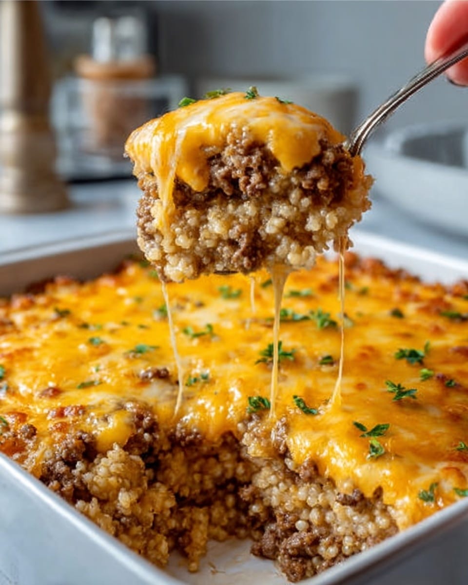 A white pan filled with a layered casserole. The bottom layer is made of cooked bulgur grains in a light beige color. On top, there is cooked minced meat mixed in with the grains. The dish is covered with a thick layer of melted bright orange cheddar cheese, slightly browned and bubbly on top. Small green herb pieces are sprinkled over the cheese layer. A woman's hand is holding a fork lifting a scoop of the casserole, showing the layers clearly. The background is a white marbled surface. photo taken with an iphone --ar 4:5 --v 7