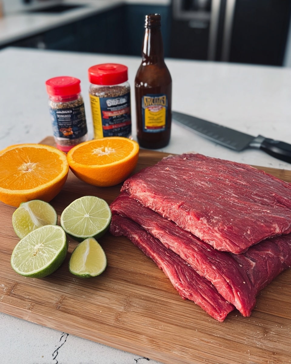A wooden cutting board holds three large, flat layers of raw red meat stacked on top of each other with a textured surface showing veins of fat. To the left, there are two halved oranges and three halved limes, showing bright yellow-orange and green colors with juicy textures. Behind the citrus, two spice containers stand upright: one with a red lid and blue label, the other with a black lid and black label. On the right side of the board, an opened dark brown beer bottle is placed near a black knife with a wooden handle, and a blue parrot-shaped bottle opener. The cutting board is set on a white marbled surface with a modern kitchen background. photo taken with an iphone --ar 4:5 --v 7