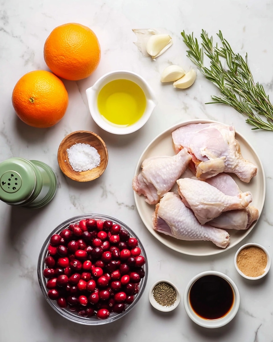 The image shows a white marbled surface with several ingredients neatly arranged. In the top left corner, there are two whole bright orange oranges, below them is a small white bowl filled with yellow liquid, likely oil, and two peeled garlic cloves placed nearby. To the right of the oranges and garlic, there are two fresh green rosemary sprigs, a small wooden bowl filled with coarse white salt, and a green pepper grinder. At the bottom center, there is a transparent glass bowl full of fresh shiny red cranberries. Above the cranberries, on the right side, a round white plate holds several raw chicken thighs with skin, arranged in a loose pile. Two small white bowls sit near the bottom right corner containing a dark brown liquid, possibly soy sauce, and light brown sugar, respectively. The whole setup is clean, bright, and ready for cooking photo taken with an iphone --ar 4:5 --v 7