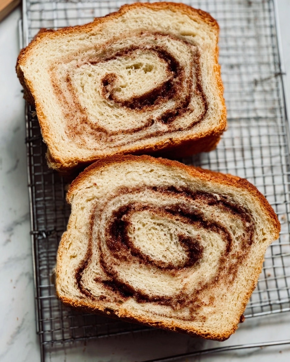 The image shows two slices of cinnamon swirl bread placed side by side on a metal wire cooling rack over a white marbled surface. Each slice features a visible spiral swirl of cinnamon sugar running through the soft, light brown bread, with a slightly darker crust around the edges. The texture of the bread looks soft and fluffy, while the cinnamon swirl creates a smooth, darker band that contrasts well with the lighter bread. The spirals are loose and uneven, giving a homemade feel. Photo taken with an iphone --ar 4:5 --v 7
