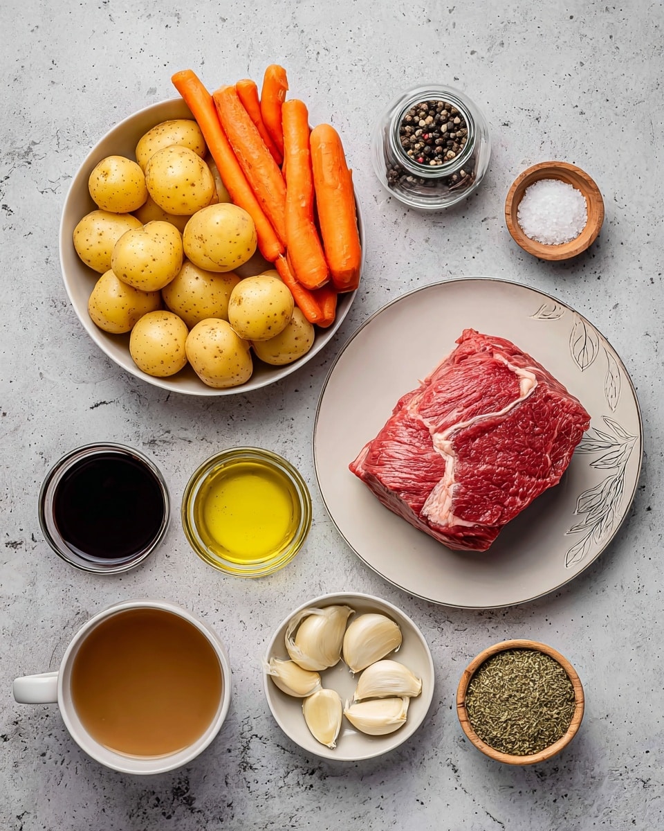 The image shows ingredients for a meal arranged on a white marbled surface. In the top left, a white bowl holds small round yellow potatoes and bright orange baby carrots, with the potatoes at the bottom and carrots on top. To the right of this bowl are three small containers: one clear glass jar with black pepper, one small white bowl with salt, and one small wooden bowl with a creamy light brown sauce. Below these is a small clear glass filled with yellow olive oil. On the right side, a large piece of raw red beef with a patch of white fat sits on a round white plate with subtle leaf patterns. Below the plate, a small white bowl holds whole peeled garlic cloves. Toward the bottom left, a small clear glass bowl contains a dark brown liquid, and next to it is a white cup filled with a light brown broth. Finally, a small white bowl with a mix of green and brown dried herbs and spices is near the bottom right. photo taken with an iphone --ar 4:5 --v 7