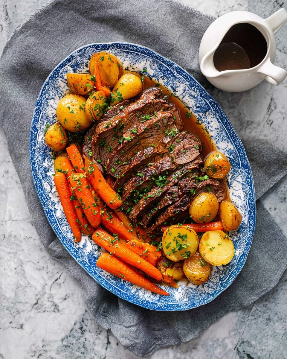 A white plate with blue patterns holds layers of sliced brown roast beef arranged in the center, topped with small green herb sprinkles. Around the beef are orange carrots and yellow potatoes, both cooked with a shiny, slightly oily texture also sprinkled with herbs. A brown sauce pools beneath the meat and vegetables. The plate rests on a gray cloth over a white marbled surface, with a white sauce boat containing dark brown sauce nearby. Photo taken with an iphone --ar 4:5 --v 7