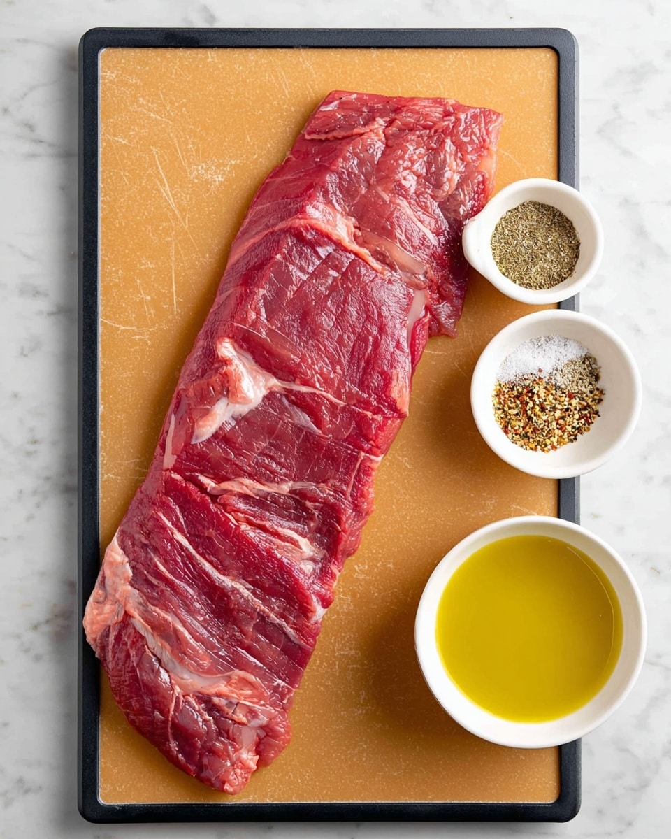 A thin, raw piece of red meat with visible white fat streaks lies flat on a rectangular cutting board with a light brown surface and a black border. To the top right of the meat, there are two small white bowls: one contains a mix of dry spices showing colors of white, black, and brown, and the other holds a yellow liquid, likely oil. The scene is set on a white marbled surface. photo taken with an iphone --ar 4:5 --v 7