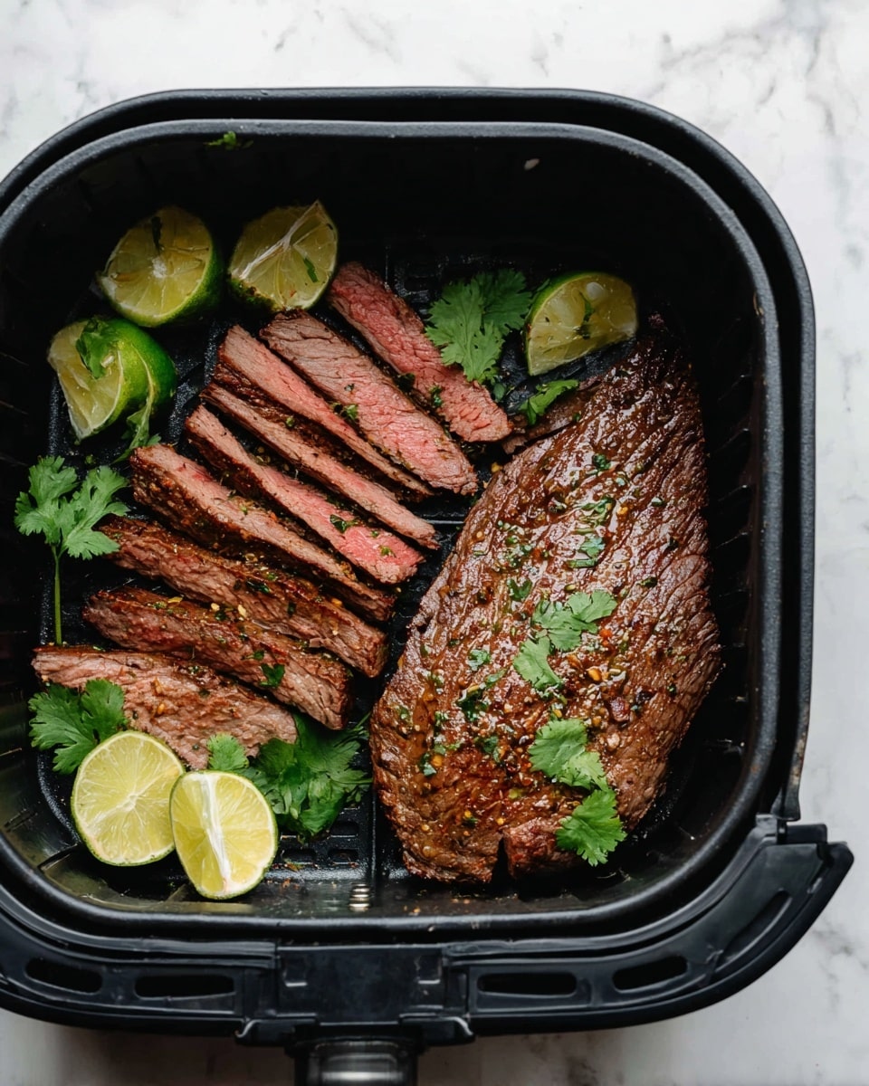 The image shows a sliced steak placed inside a black air fryer basket. The steak has one whole piece on the right side, brown and glossy with herbs and spices on top, while on the left side, five slices reveal a pink center. There are several bright green cilantro leaves scattered on the steak and around it. Three lime wedges with a juicy texture are placed on the top left and bottom right corners of the basket. The whole scene is set on a white marbled surface. Photo taken with an iphone --ar 4:5 --v 7