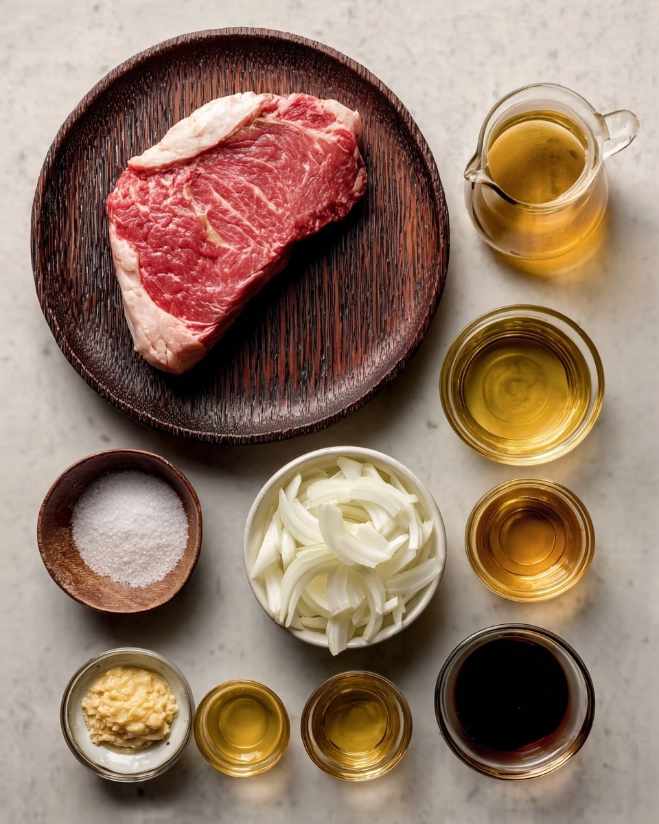 The image shows a raw piece of steak with a red color and white fat edges placed on a dark wooden textured plate. Below the plate, there are nine small bowls and glass containers organized in two rows on a white marbled surface. The small bowls hold various ingredients: one with salt, one with pepper, one with a light yellow paste, one with sliced onions in a white bowl, one with a dark liquid, and three glass containers filled with light golden oils or sauces. The whole setup is clean and organized in a grid-like pattern. Photo taken with an iphone --ar 4:5 --v 7