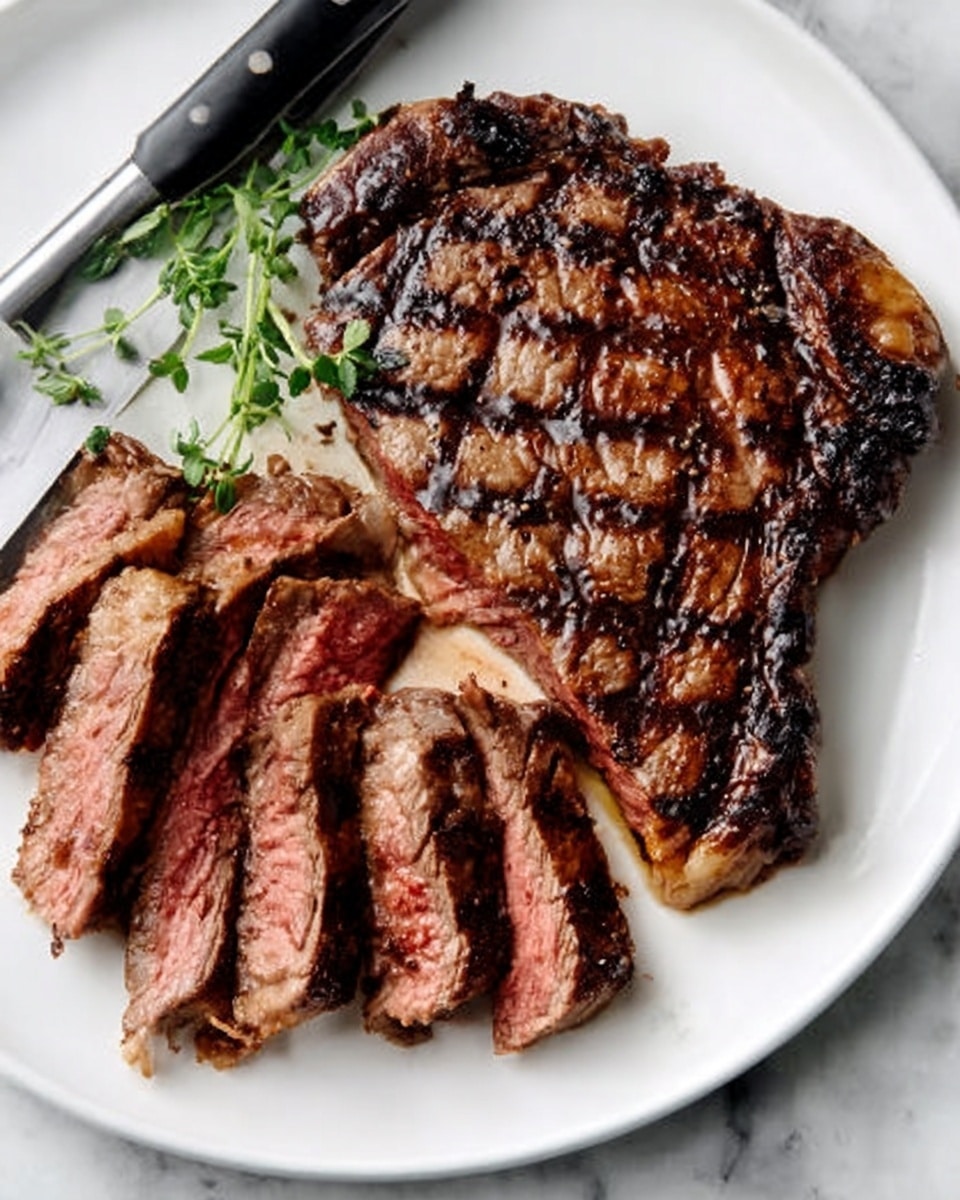 A white plate holds a grilled steak with dark brown grill marks on the top right side. On the left side of the plate, several slices of steak show a pink inside and a browned outside. A small green herb garnish rests near the top left of the steak. A black-handled knife lies on the lower left edge of the plate. The plate sits on a white marbled surface. Photo taken with an iphone --ar 4:5 --v 7
