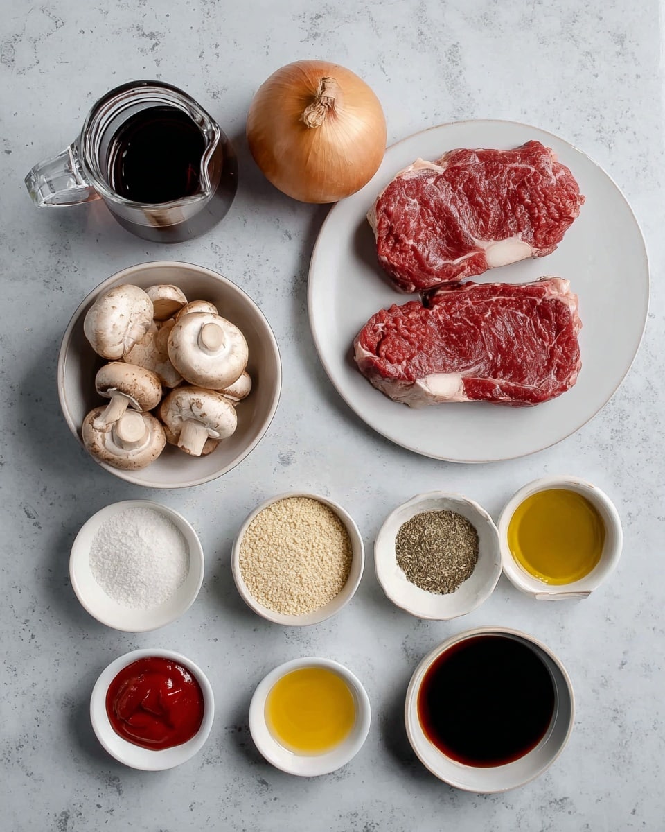 The image shows ingredients for cooking laid out neatly on a white marbled surface. At the top left, there is a clear glass jug with a dark liquid, next to a single brown onion in the center. To the right, two raw red meat steaks with white fat edges lie on a white plate. Below, from left to right, there is a small white bowl filled with light brown mushrooms, a small white plate with white salt, black pepper, and brown dried herbs, a small white bowl with beige breadcrumbs, and another small white bowl with white powder. At the bottom row, there are four small white bowls containing minced garlic, bright red ketchup, dark brown soy sauce, and light yellow oil. Photo taken with an iphone --ar 4:5 --v 7