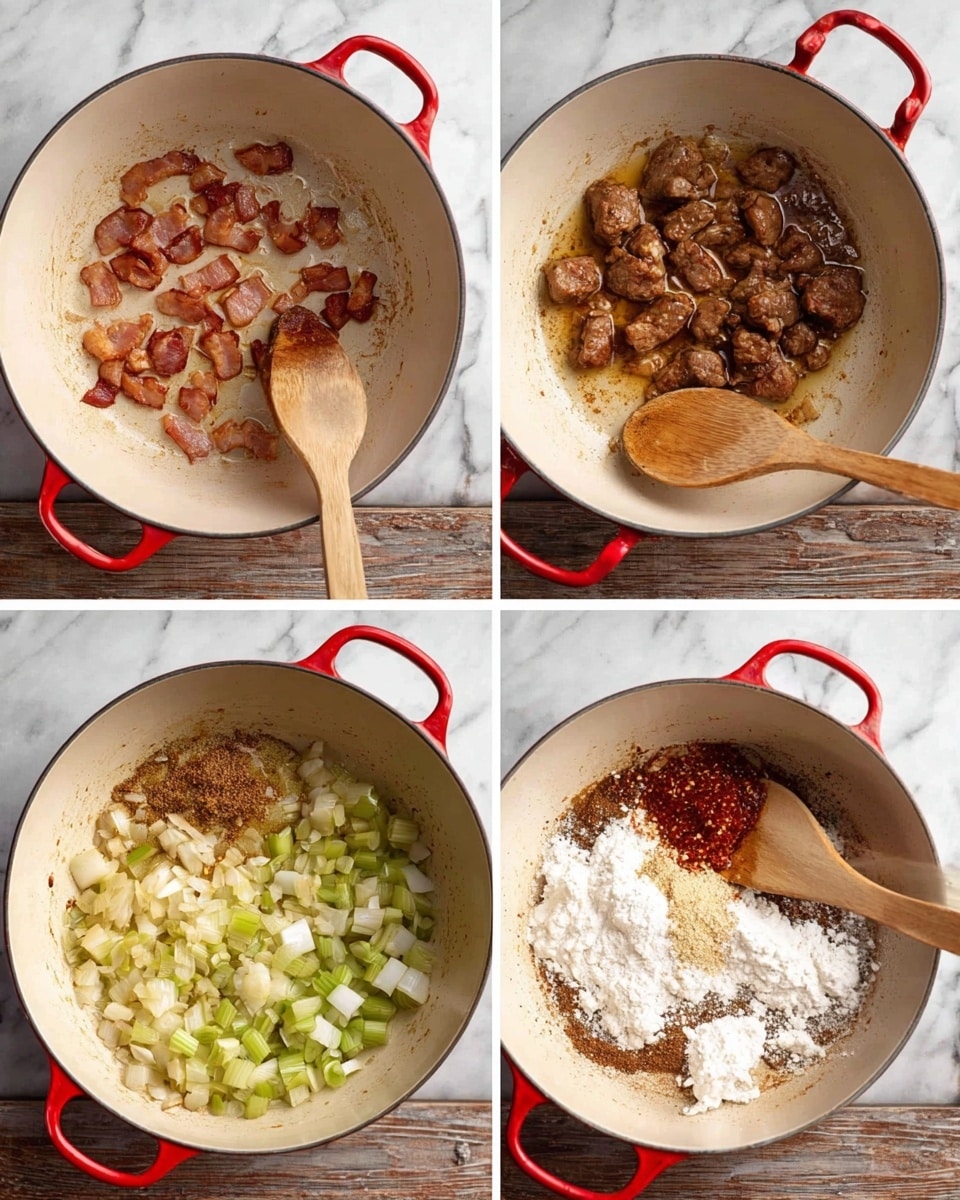 The image shows four steps of cooking in a white, round pot with red handles on a white marbled surface. In the first step, small browned bacon pieces rest in the pot with a wooden spoon lying on top. In the second step, browned chunks of meat sit in the pot surrounded by a little oil and browned bits. The third step shows chopped onions and celery added around the wooden spoon, cooking in the pot with brown bits on the bottom. In the last step, the cooked onions and celery mix with a heap of white flour, tomato paste, and minced garlic on one side, with the wooden spoon resting beside the ingredients. Photo taken with an iphone --ar 4:5 --v 7