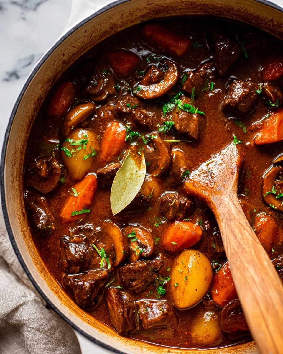A close-up view of a dark brown stew inside a white pot filled with multiple layers of ingredients. The top layer shows shiny chunks of beef, sliced mushrooms, thick carrot pieces, and potatoes all covered in a rich brown sauce. Small green parsley leaves are sprinkled on top, and a light brown bay leaf rests near the center. A wooden spoon with a smooth texture is partially dipped on the right side of the pot. The pot sits on a white marbled surface with a soft linen cloth partially visible on the bottom left corner. photo taken with an iphone --ar 4:5 --v 7