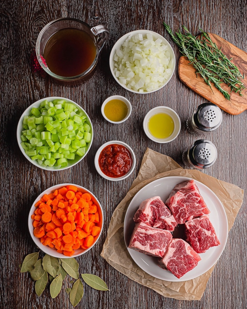 The image shows several ingredients neatly arranged on a dark wooden surface. In the bottom right corner, three thick pieces of red meat with white fat marbling rest on brown paper on a white plate. To the left, a white bowl holds chopped green celery, another white bowl above it contains bright orange chopped carrots, and a third white bowl at the top has diced white onions. Small containers hold yellow oil and red tomato paste near the center. Towards the top right, salt and pepper grinders sit on a small wooden board, and a clear glass filled with dark red liquid is nearby. A glass measuring cup filled with light brown broth is at the top left. Green herbs and two bay leaves are spread out as garnishes. The background is a dark wood texture. photo taken with an iphone --ar 4:5 --v 7