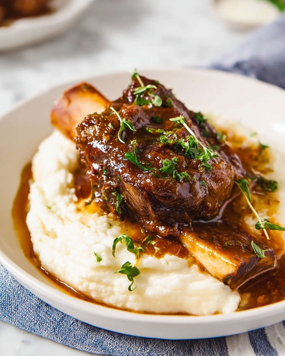 A white plate sits on a blue and white striped cloth on a white marbled surface, holding a serving of tender cooked meat on the bone with a rich, glossy brown sauce and small green herb leaves sprinkled on top. Next to the meat is a generous layer of smooth, creamy mashed potatoes with a few green herbs on top. The sauce slightly pools around the meat and mashed potatoes, adding a shiny, appetizing touch. The photo taken with an iphone --ar 4:5 --v 7