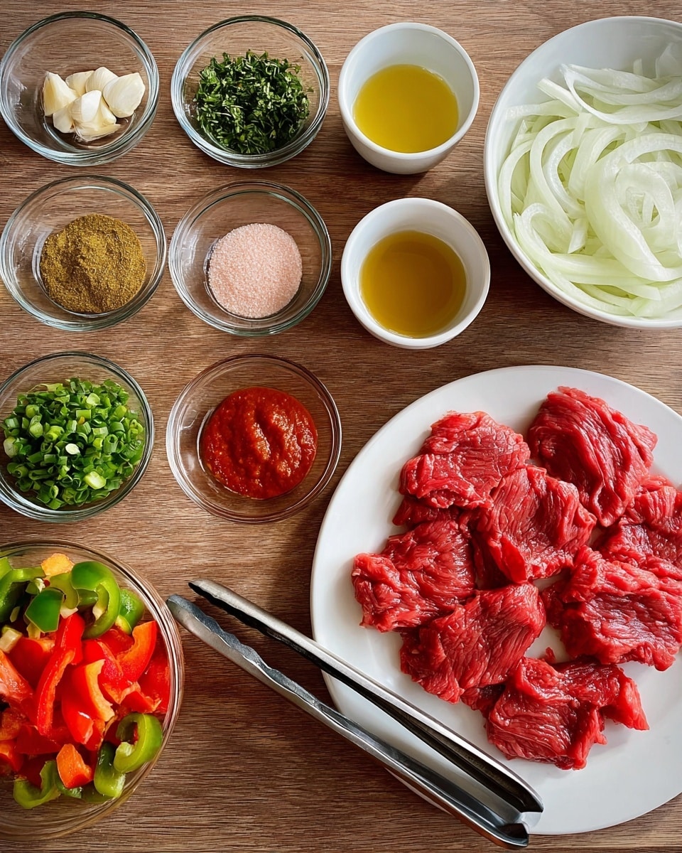 The image shows several small glass bowls and two white bowls with different ingredients on a light brown wooden surface. On the left side, there are seven small glass bowls arranged in two columns, holding chopped garlic (off-white pieces), green chopped herbs, light brown powder, pink salt, a reddish paste, yellow oil, and a pale yellow liquid. In the middle, there are two white bowls; the top one is filled with white sliced onions, and the bottom one holds chopped red and green bell peppers mixed together. On the right side, there is a white plate with raw thin red beef slices, and a pair of silver tongs is placed beside the pile of meat. The background is a white marbled texture. photo taken with an iphone --ar 4:5 --v 7