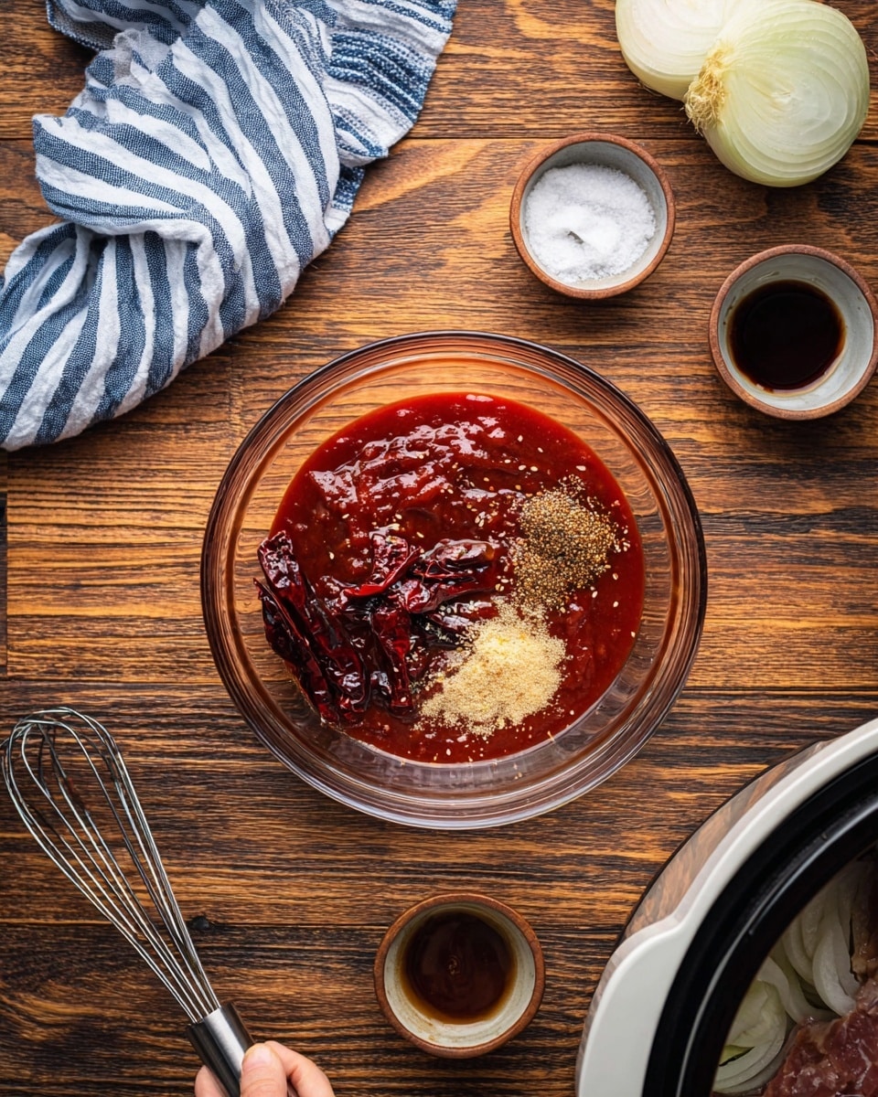 A clear glass bowl sits in the center filled with several layers of ingredients: a bright red smooth sauce covering much of the surface, dark red dried chili peppers placed around the sauce, light beige powdered spices scattered on top, and some small dark seeds visible in the mixture. Around the bowl on a wooden textured surface are small white bowls, one with coarse salt, another empty, and one with a dark liquid residue. A metal whisk with a silver handle rests near the bottom left corner. To the right, a white slow cooker partially filled with sliced white onions and a piece of meat is visible. A striped blue and white cloth is folded at the top left. photo taken with an iphone --ar 4:5 --v 7